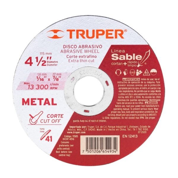 5 DISCOS TIPO 41 DE 4 ½” X 1.6MM CORTE FINO DE METAL, SABLE