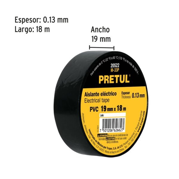 8 CINTAS DE AISLAR DE 18 M X 19 MM, NEGRA, PRETUL 20522 - Imagen 3