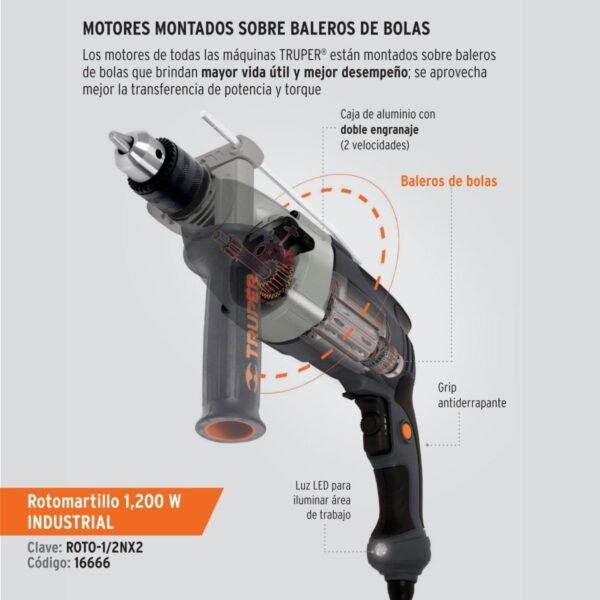 ROTOMARTILLO ½” 1200 W, INDUSTRIAL, TRUPER, CON REGALO - Imagen 2