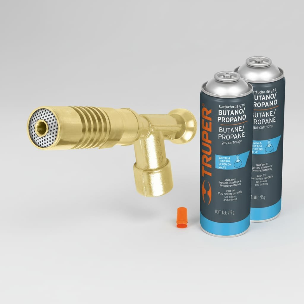 BOQUILLA DE VÁLVULA ROSCADA Y 2 LATAS DE GAS BUTANO - Imagen 2