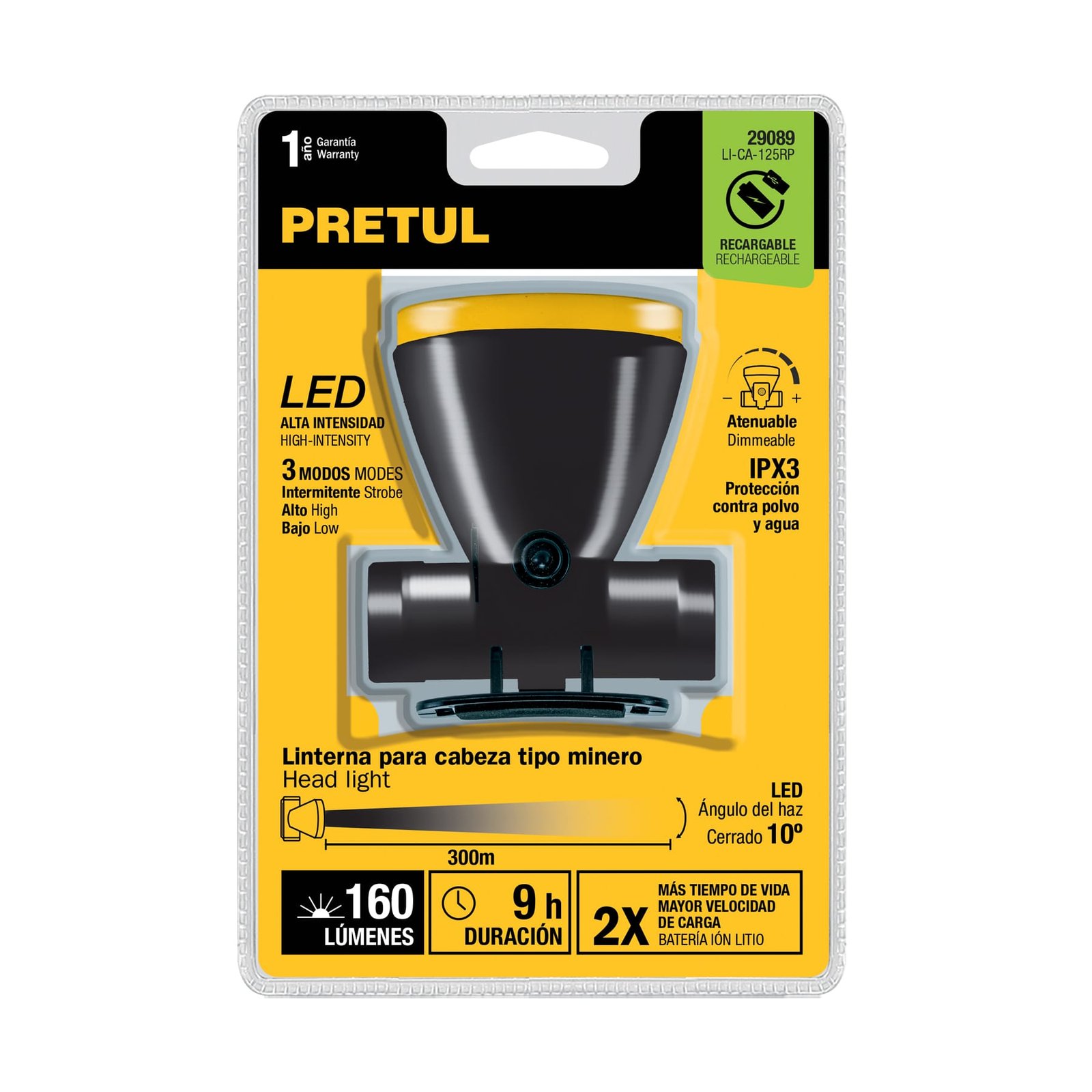 LINTERNA TACTICA TIPO MINERO 160 LM CON BATERIA RECARGABLE PRETUL