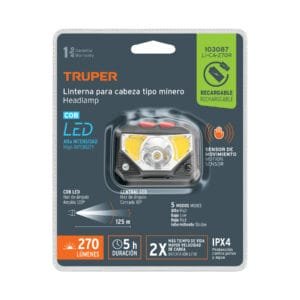 LINTERNA TACTICA TIPO MINERO 270 LM MATERIA RECARGABLE IPX4 TRUPER