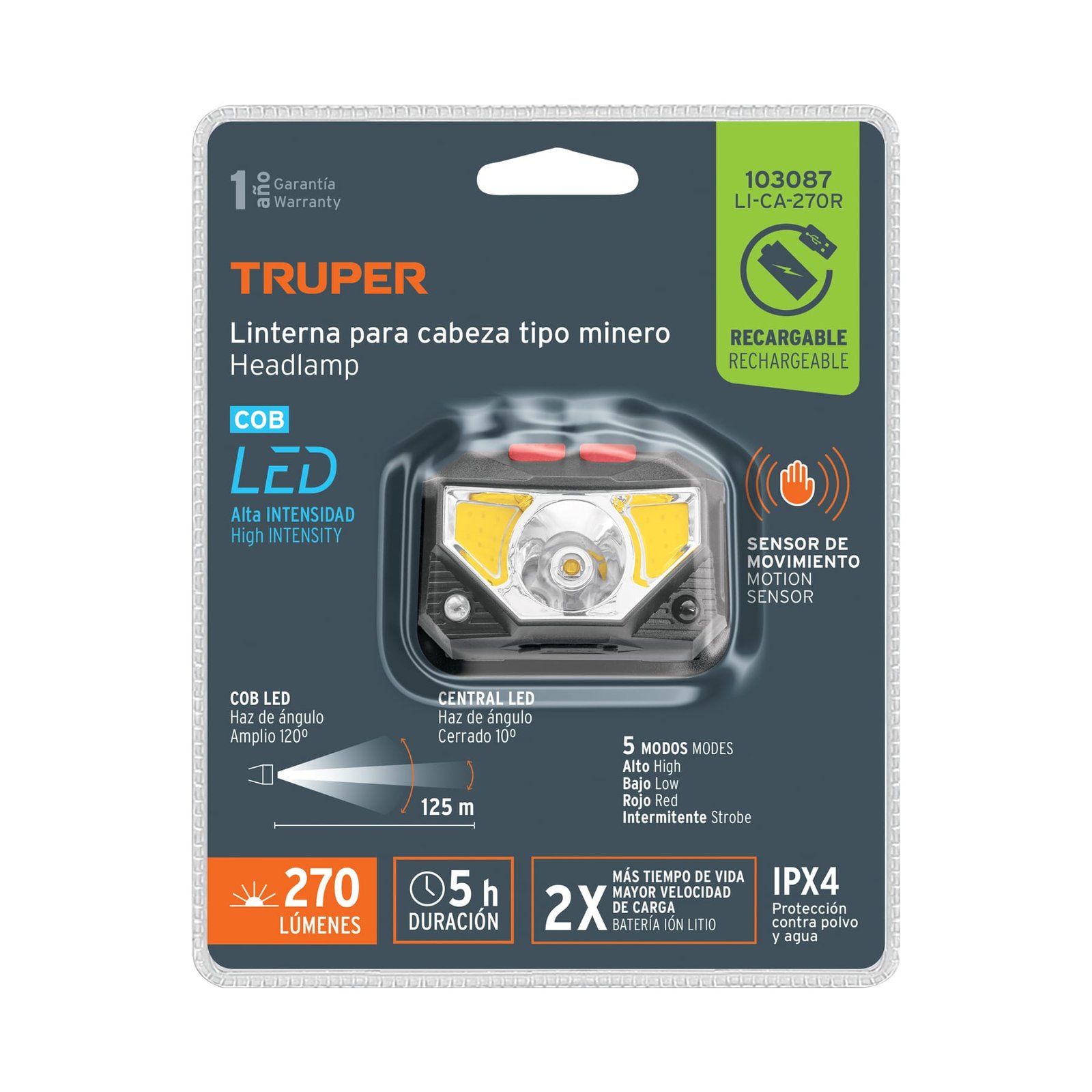 LINTERNA TACTICA TIPO MINERO 270 LM MATERIA RECARGABLE IPX4 TRUPER